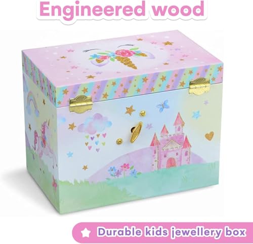 Jewelkeeper Einhorn Schmuckaufbewahrung - Musikalisches Schmuckkästchen für Kinder mit 4 Ausziehschubladen - Melodie Wunderschöner Träumer - Holz - 19,1 x 12,1 x 15 cm - Rosa