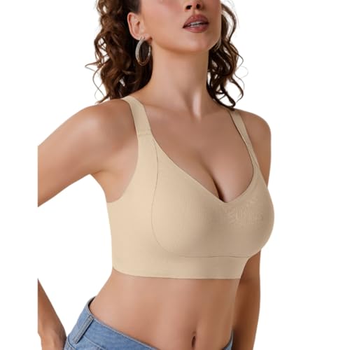 Chickwin Sujetadores Tallas Grandes Mujer Sin Aros, Sujetador Cuello en V Cómodo Suave Sin Costuras con Tirantes Ajustables M-3XL con Soporte Fuerte, Cobertura Completa (Color Albaricoque,XL)