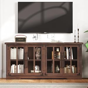 Albott Sideboard Cabinet with Storage 63 Modern Farmhouse Buffet Cabinet with 4 Glass Doors Adjustable Shelf Wood Buffet Table Cabinet fo Dining Room Living Room KitchenDark Brown