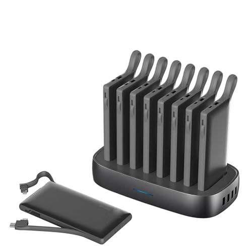 Domars Ladestation mit 8x10000mAh Tragbaren Powerbanks,Tragbares Ladegerät, Akku-Ladegerät für Mobiltelefone,4-Port-USB-Schnelllade-Hub,Integrierte Kabel für Mobiltelefone,Laptops,Bluetooth (Schwarz)