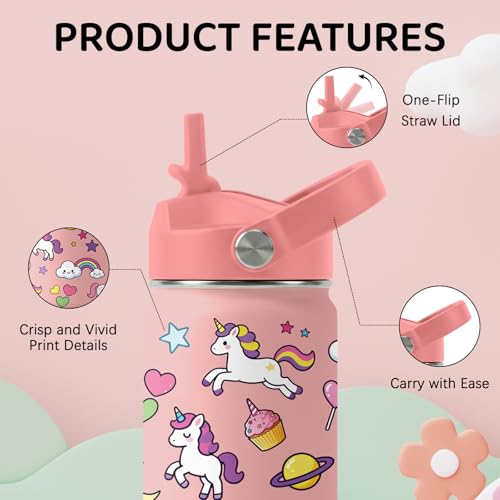 Image of Unicorn Water Bottle for Son & Daughter, Stainless Steel Insulated Tumbler with Straw Lid and Handle, 12oz Reusable Leak-Proof Bottle for Sports