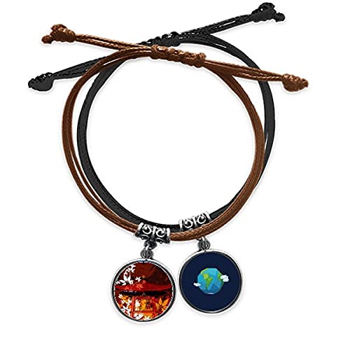 Pulsera cuero tierra de Japón con cuerda de mano ajustable y hojas de estilo étnico