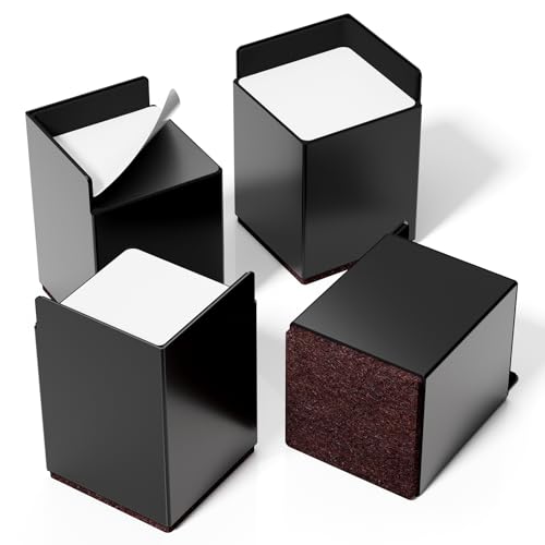 Bed Risers 4 inch Heavy Duty, 4 Pack Black Square Metal Self-Adhesive, Oversized Furniture Risers for Bed Desk Table Sofa Couch, Support up to 6000 lbs, Protect Hardwood Floors from Scratches