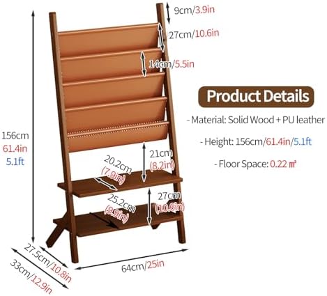 Tall Floor Standing Magazine Rack - Large Brochure Display Stand with Mounting Kit - Reading Book Holder for Kids, Seniors - Easy Installation (Brown, 64cm/25in)