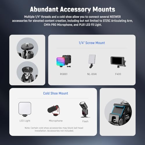 Neewer Super Clamp with 3" Dual Ballhead Magic Arm, Ball Head Adapter, Cold Shoe, Holder, Action Camera Clamp Mount for Flat/Round Surface Compatible with GoPro DJI, 15 Pro Max, ST85