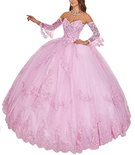 Ball Gown Lace Quinceanera Dresses for Women 2020 Sweetheart Long Sleeves Prom Dress Appliqued Beaded Party Gowns Pink US8