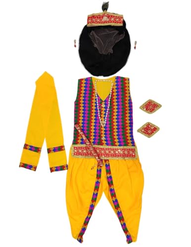 Image of BookMyCostume Shri Krishna Multicolor Kids Fancy Dress Costume 9 Pcs Set with Red Accessories & Wig - Premium 5-6 years