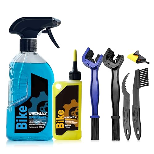 WEIDMAX Kit de Nettoyage pour Vélos, 7 en 1 Kit de Nettoyeur Chaine Velo avec 350ml Spray de Nettoyage, 100 ml Lubrifiant pour Chaine, 4 Brosses et 1...
