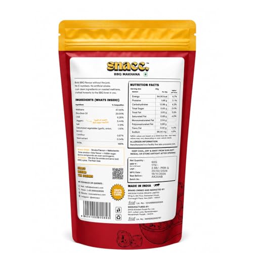 Image of Snacc BBQ Makhana, Spicy Roasted Fox Nuts, Protein Rich, Barbeque Makhana, Gluten Free, MSG Free, Zero Trans Fat, Zero Sugar, Low Calorie 60 g (pack of 4, BBQ)
