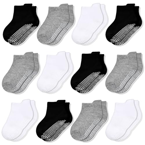 ELUTONG Non Slip Toddler Socks 12 Pairs Ankle Socks with Grips for 0-1 Year Toddlers Baby Infant Kids Girls Boys