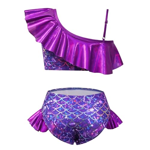Image of CHILDRENSTAR Girls Metallic Bathing Suits Shiny Ruffles One Shoulder 2 Pieces Swimsuits Cute Bikini Set