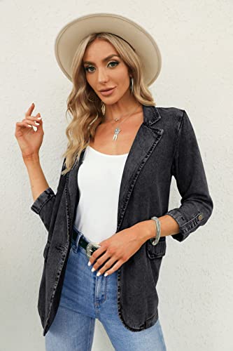 Karlywindow Womens Denim Blazer Suit Notched Lapel Casual Rolled Sleeve Button Up Washed Jean Jacket Coat #TOP3