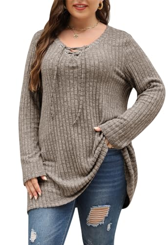 Image of Nemidor Women Plus Size Casual Tunic Top Drawstring V Neck Long Sleeve