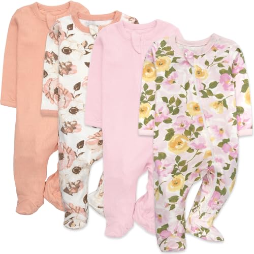 Baby Essentials Girls 4 Pack Patterned and Solid Footie Newborn Outfits