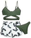 AIEOE Mädchen Badeanzug Bikini Set mit Tropical Print Böhmen Strand Shorts Spa Surfen Baden Pool 12-13 Jahre Grün