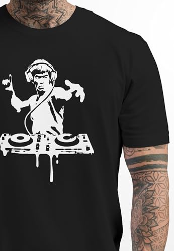 Neverless® Camiseta para hombre, diseño de perezoso Techno DJ, diseño de música rave, festival, concierto, camiseta moderna, Bruce Lee Dj Negro, XXXL