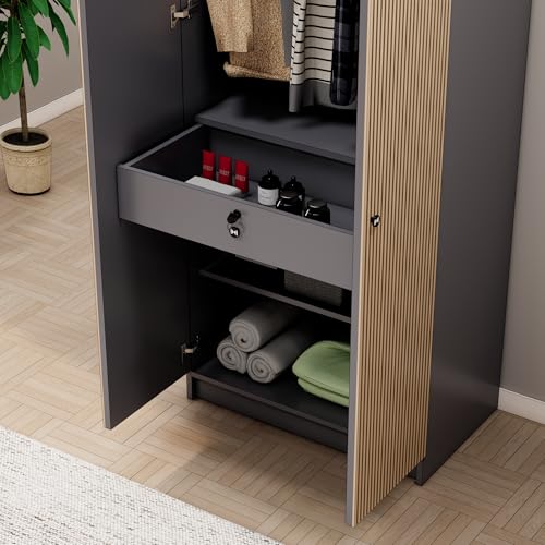 Image of Bniture Luxe 2 Door Wooden Wardrobe for Bedroom with Shelf & Lockable Drawer | Almirah for Clothes with Vertical Slatted Panels | Cupboard for Bedroom with Elevated Base | Grey & Giant Wood