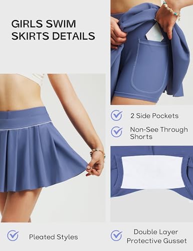 Image of FitsT4 Sports Girls Swim Skirts with Pocket & Shorts UPF 50+ Swimming Bottom Kids Bathing Skort for Surfing Beach Volleyball