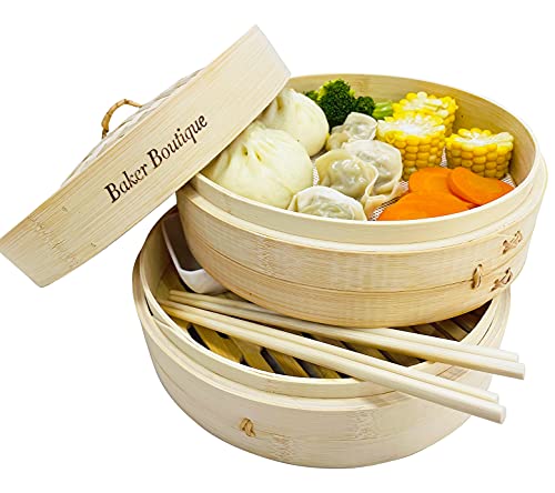 Bamboo Steamer 10 Inch 2 Tier Bamboo Steamer Basket Natural Steamer Bamboo with Lid Contains 2 Pairs of Chopsticks 1 Sauce Dish 1 Scrub Sponge 2 Silicone Steamer Liners for Dumplings Dim Sum Bao Bun
