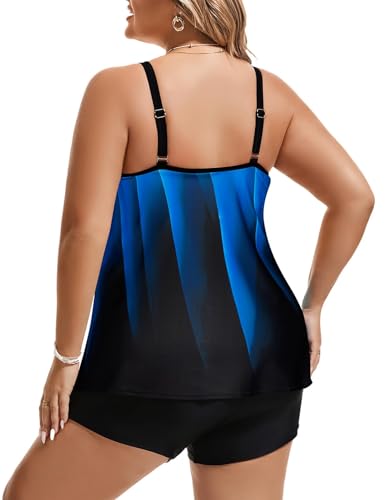 Hanna Nikole Damen Große Größe Badeanzug Bauchkontrolle Bademode Zweiteiliger mit Badehose Blaue Geometrie 58 3