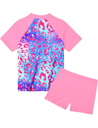 Image of Girls Swimsuit Colorful Short Sleeve Bathing Suits UPF 50+ Rash Guard Set Two Piece Summer Swimwear