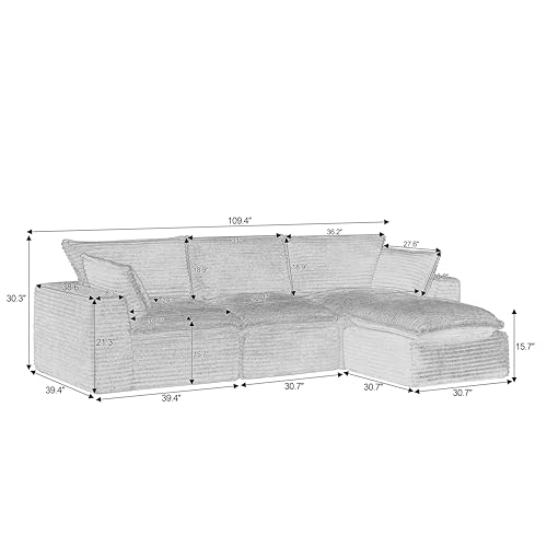 Image of Convertible 4 Piece Modular Sofa Sectional- Free Combination Corduroy Boneless Couch with Ottoman, Frameless Memory Foam Cloud Sofa for Apartment & Small Space, Bedroom