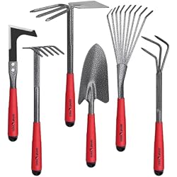 FLORA GUARD 6-Piece Garden Tool Set, Heavy Duty Steel Hand Tools | Trowel, 5-Tine Rake, 9-Tine Leaf Rake, Double Hoe, Cultivator & Crack Weeder for Digging, Planting, Weeding & Soil Care