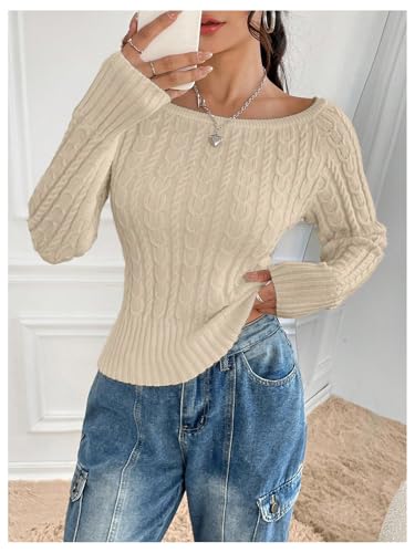 Image of MakeMeChic Women's Off The Shoulder Sweater Cable Knit Long Sleeve Ribbed Fall Going Out Tops Sweater Pullover