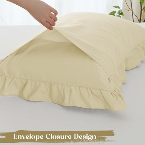 Image of Homiest 3-Pieces Ruffle Pillow Case & Fitted Sheet Set, Cream Full Sheets with 2 Ruffled Pillow Shams, 15 Inch Deep Pocket, Cute & Coquette Microfiber Bed Set for Decorating Bedroom Hotel