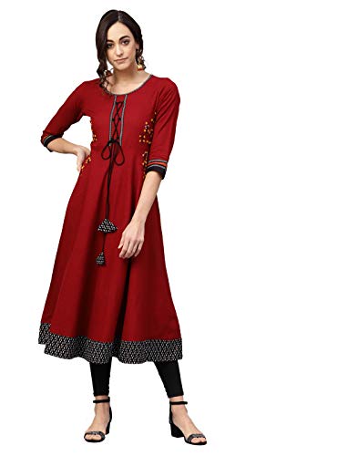 Image of Yash Gallery Womens Cotton Slub Regular Fit Embroidered Anarkali Kurta