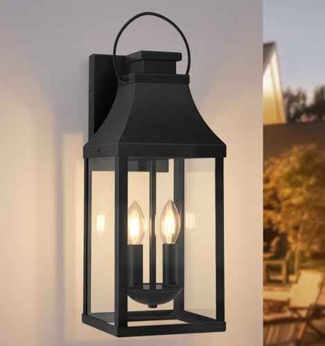 Image of 20'' 1 Pack Outdoor Wall Sconce Light, Large Black Exterior Wall Lantern | 2-E12 Base, Metal Frame, IP65 Waterproof Outdoor Porch Lights Fixture Hardwired Modern Large Outside House lights for Garage