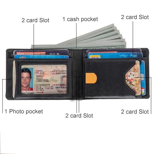 Slim Mens Bifold Wallet,Thin Genuine Leather Wallet for Men with 8 Card Slots and1 ID Window (BLAC4