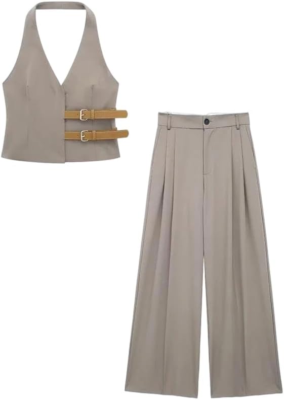 Womens Two Piece Pleated Pant Set V Neck Top with Belt and Trousers Daily Matching Outfit