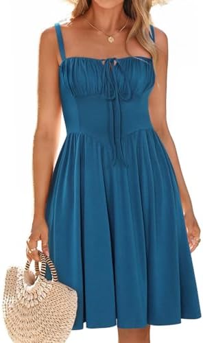 Womens Summer Mini Corset Casual Dresses Spaghetti Straps Lace Up Vacation Beach Sundress with Pockets