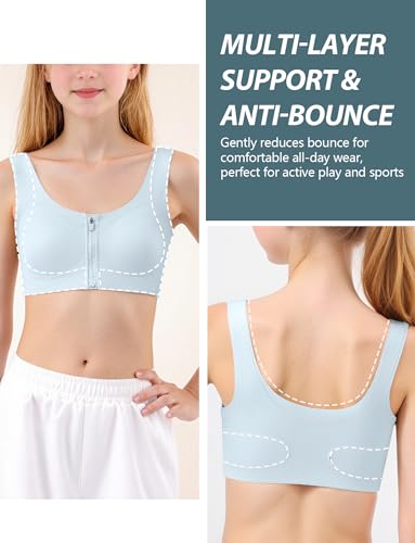 Girls No Wire Training Bra Built in Pad Zipper Front Sports Bra with Support for Running Activewear 8-14 Years4