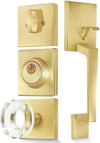 Satin Brass Front Door Handle and Single Cylinder Deadbolt, Front Door Lock Set, Gold Entry Door Handle Set with Glass Door Knobs