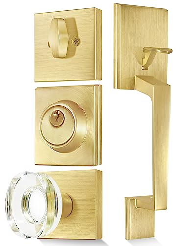 Satin Brass Front Door Handle and Single Cylinder Deadbolt, Front Door Lock Set, Gold Entry Door Handle Set with Glass Door Knobs