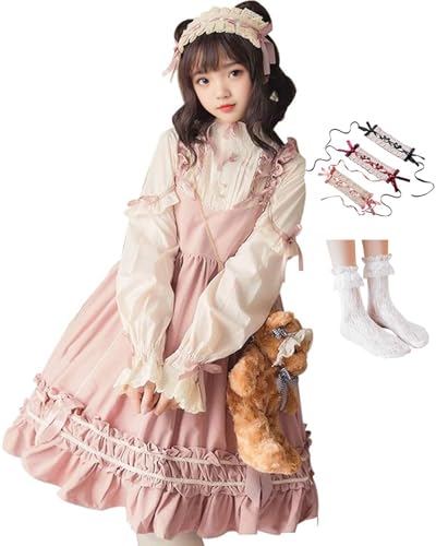 [JIURUN] ワンピース ロリータ 長袖 ゴスロリ コスプレ アニメ 森ガール ロリータ 大きいサイズ ドレス 女装 服 cosplay lolita ゴシック ワンピース ジャンパースカート かわいい コスプレ ブラウス クリスマス ハロウィン お嬢様 蝶結び (L, ピンク長袖)