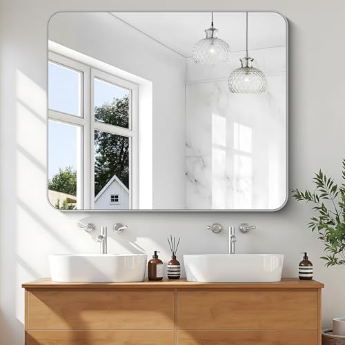 Image of KOCUUY Silver Bathroom Mirror, 40x48 Inch Large Bathroom Mirror for Over Sink, HD Tempered Glass, Anti-Rust Brushed Silver Frame, Rounded Corner Modern Design for Bathroom, Hang Horizontal /Vertical