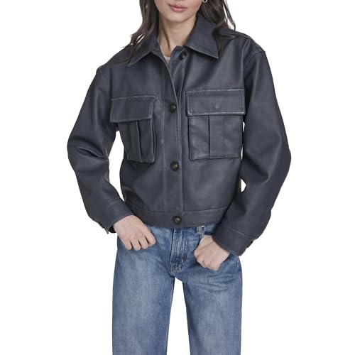 Levi's Women's Button Closure Shacket with Chest Pockets, Denim Look Faux Leather, Small