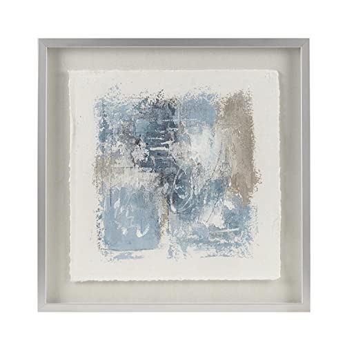 Madison Park Handmade Shadow Box Paintings For Wall Decorations, Rice Paper Glass Covered & Silver Framed Abstract Wall Art Decor, Linen, Modern Hallway, Bedroom, Ready To Hang - Blue Ashlar