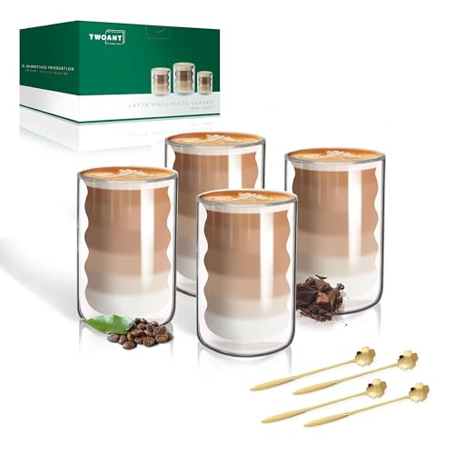 twoant Set di 4 Bicchieri Latte Macchiato Doppia Parete, Tazze di Vetro per Cappuccino, Vetro Borosilicato Ritenzione del Calore, Capacità 400ml, Trasparente per Caffè, Tè, Succo, Gelato