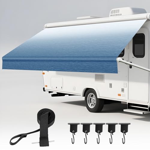16' RV Awning Fabric Replacement - Heavy-Duty 19oz Awning Replacement for Camper, Trailer & Motorhome | RV Awning Fabric with with 5 Hooks| Weatherproof Outdoor Canopy (Fabric 15'2") - Blue Fade