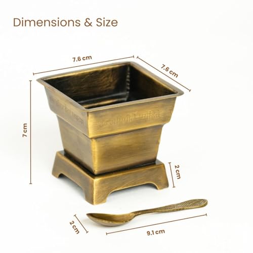 Image of Ritualistic Handcrafted Brass Hawan Kund with Spoon-Small | 100% Pure Brass Havan Kund for Daily Pooja,Yagya & Agnihotra | Antique Finish with Vedic Shloka Engraving | Festival & Housewarming Gift Set