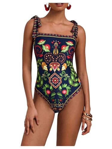 Floerns Women's Tropical Print Tie Shoulder One Piece Swimsuit Tummy Control Swimwear
