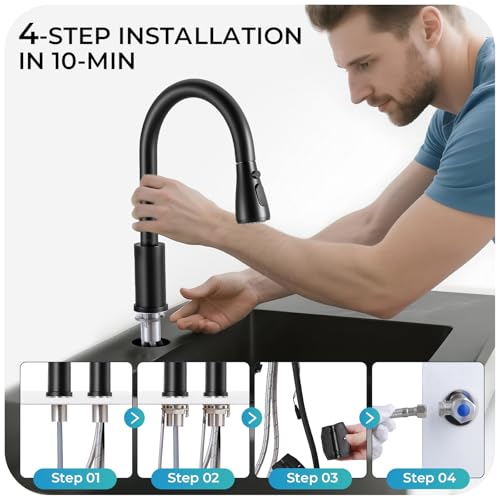 Image of Pull Down Kitchen Faucet 2 Hole - Matte Black Single Handle Kitchen Faucets, High Arc Stainless Steel Pull Out Kitchen Sink Faucet for RV Laundry Farmhouse Bar
