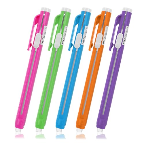 Molain Juego de 5 gomas de borrar estilo bolígrafo, 5 bolígrafos retráctiles + 5 recambios de borrador mecánico, borrador de barra para niños, estudiantes y artistas, artículos de oficina en casa