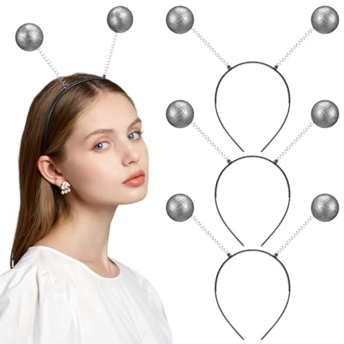 Abaodam 10 Pcs Silver Glitter Spring Ball Headbands with Antenna Design Elastic Hairbands for Kids Birthday Party Dance Carnival Accessories