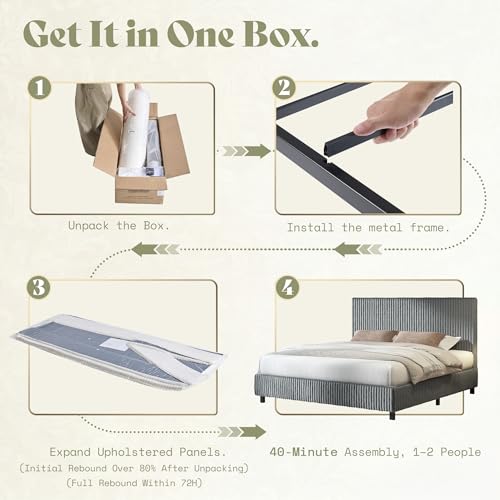 Image of AMERLIFE Full Bed Frame, Upholstered Metal Platform Bed with Vertical Channel Tufted Headboard, Soft Fabric & Strong Metal Slats, Noise-Free /Easy Assembly, Grey Full Upholstered Bed and Headboard