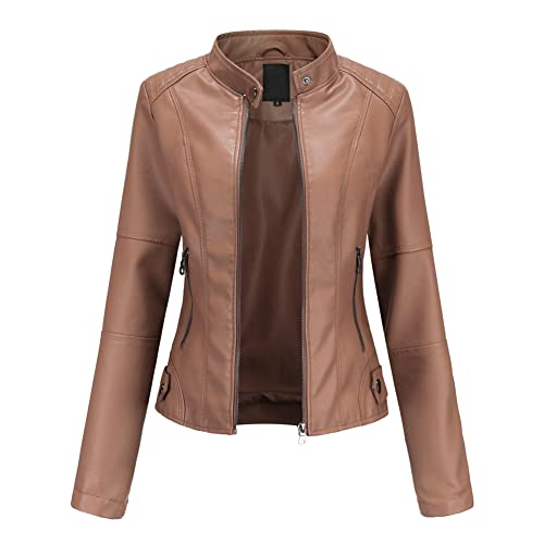 YYNUDA Leather Jacket Women PU Biker Moto Jacket Zip Up Classic Short Bomber Jacket Standing Collar Motorcycle Coat Brown M